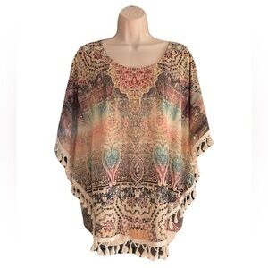 Live And Let Live Damask Boho Fringe Short Sleeve Tunic Shirt Medium